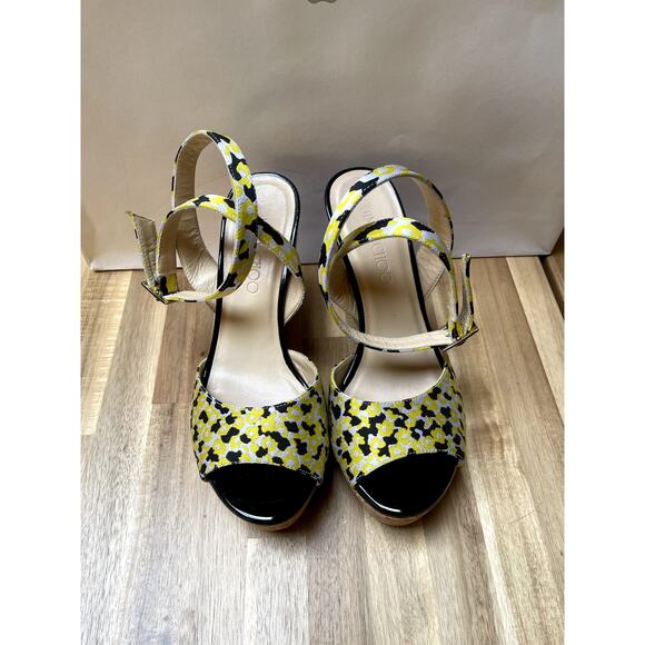 Jimmy Choo Platform Wedge Sandals Fabric Multicolor Pattern Size 37 - Picture 5 of 12
